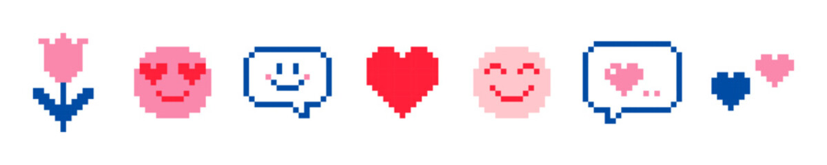 Valentine day icon set. Pixel art. Naive childish design. 14 February vector elements. I love U, heart, smiling face, speech bubble. Abstract geometric simple pattern. Y2k playful pixels stickers