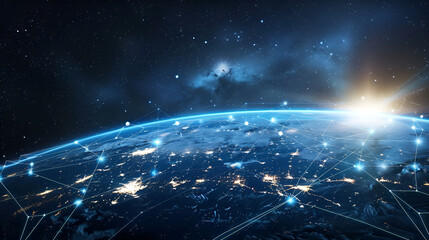 Obraz premium Global network connection earth ,digital blockchain connection background, data global transform in the future technology, cloud and online network around the world
