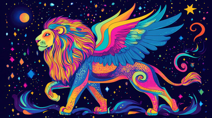 Obraz premium A vibrant, mystical lion with neon-colored wings and a flowing mane set against a cosmic night sky filled with stars and celestial patterns. Winged Lion. Illustration
