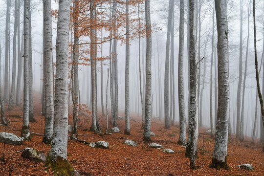 Foggy winter forest of beech and spruce trees - Powered by Adobe