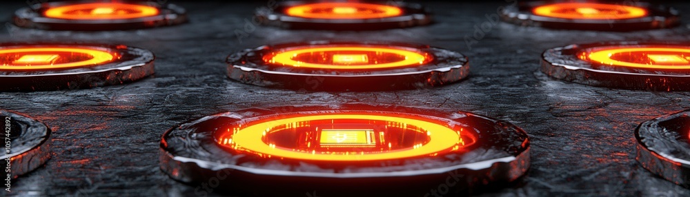 Poster close-up view of glowing circular patterns on a textured surface, showcasing striking orange illumin