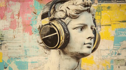 Fototapeta premium Pop art collage with statue in headphones, retro vibes.