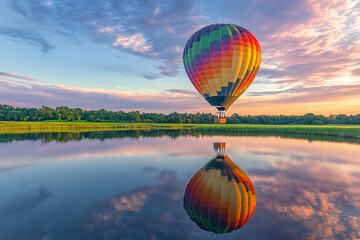Fototapeta premium Hot Air balloons flying tour over Mountains landscape spring sunrise, Hot air balloon over the field