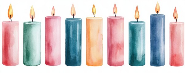Colorful candle arrangement with glowing flames, white isolated background.