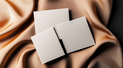 Fototapeta premium Three blank square cards on a smooth gold satin fabric background, creating a luxurious and elegant setting
