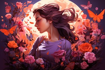 A serene woman surrounded by flowers and butterflies, illuminated by a glowing moon.