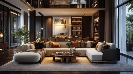 Sleek, dark-toned home interior featuring refined finishes and stylish furnishings; background of a sophisticated modern living space, 3D render. --ar 