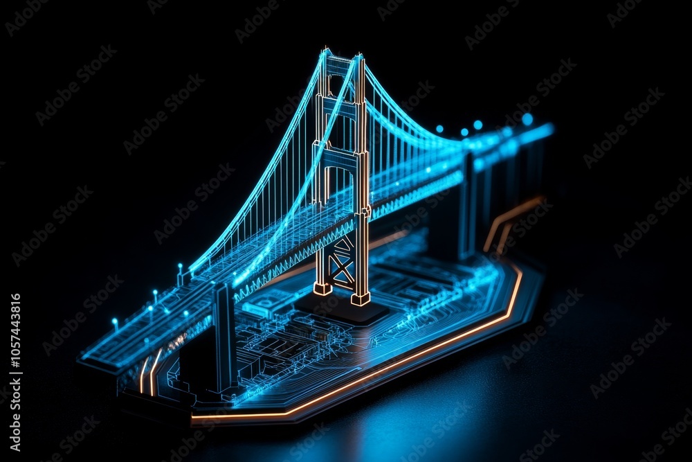 Poster A realistic blueprint of a large suspension bridge showing the intricate network of cables, foundations, and support structures, highlighting the engineering precision in civil engineering,