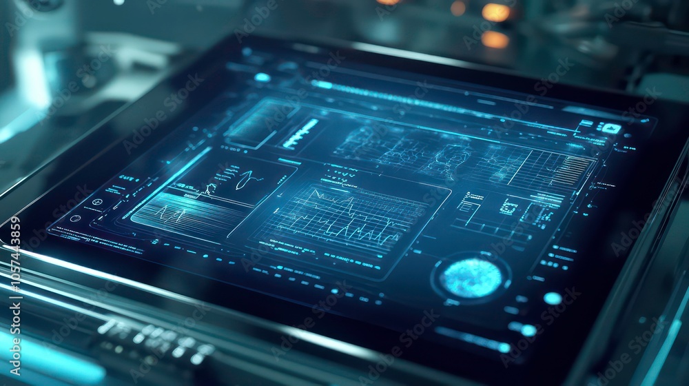 Poster a tablet displaying a digital world map amidst scientific data and a stethoscope.