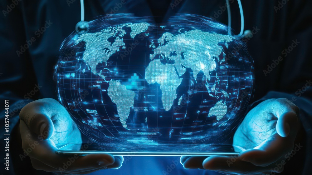 Poster A tablet displaying a digital world map amidst scientific data and a stethoscope.
