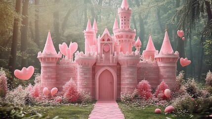 Enchanting 3D Pink Castle Backdrop for Cake Smash Princess Photoshoot with Forest Background | Photorealistic High Resolution Detailed Scene
