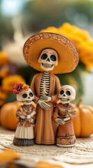Fototapeta premium Skeleton family figurines dressed in traditional Mexican outfits, placed on a Day of the Dead altar