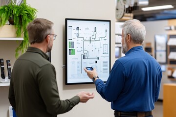 Two individuals are discussing a technical diagram displayed on a wall, likely related to systems or workflows in a business or educational setting.