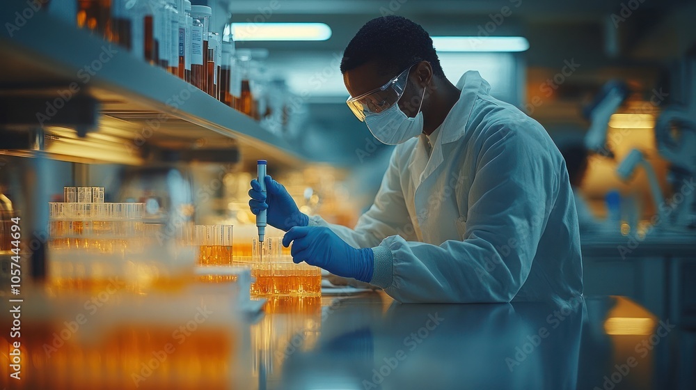 Aufkleber a scientist in a lab conducting experiments with orange solutions in glass containers.