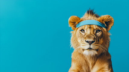 Athletic Lion Wearing Sweatband in Sporty Background for a Strong and Energetic Theme