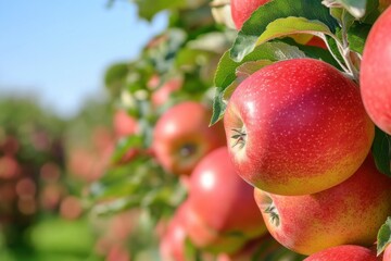 Flying above french fields, abundant crimson apples ready for picking time