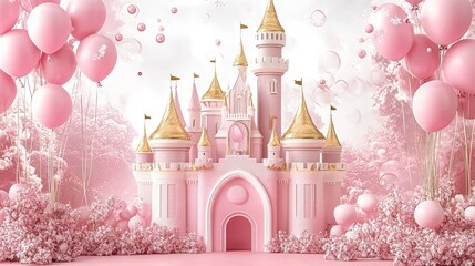 Enchanting 3D Pink Castle Backdrop for Cake Smash Princess with Photorealistic Forest Background Detail