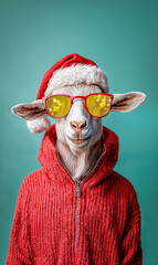Full body photo of a realistic goat with red glasses in a red wooden jumper dressed as santa claus on a light teal background, with christmas lights reflections on the glasses 