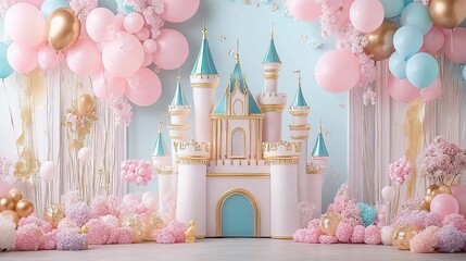 Enchanting 3D Princess Castle Backdrop with Balloons and Flowers in Pink, Blue, and Gold for Kids' Birthday Party