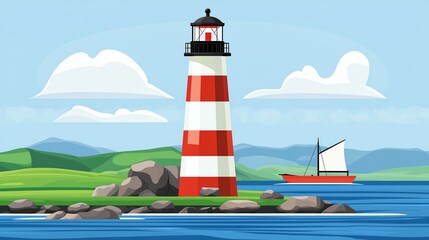 A vibrant illustration of a red and white striped lighthouse near rocky shores and a sailboat, set against a picturesque coastal landscape.
