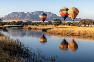 Obraz premium Hot Air balloons flying tour over Mountains landscape spring sunrise, Hot air balloon over the field