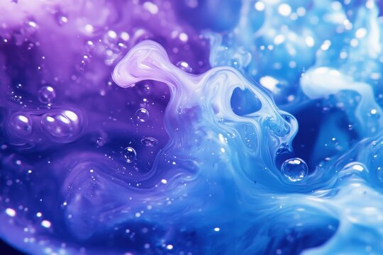Glistening orbs of gel. Viscous spheres. Ink combined with fluid. Vivid blue and purple fizzing paint circles blurring in motion creating a captivating abstract backdrop