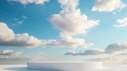 Clean white podium with soft blue sky and clouds background generative ai