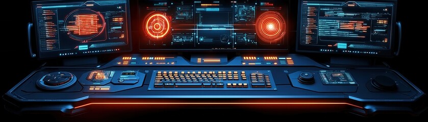 Fototapeta premium Futuristic control desk with multiple screens, illuminated interfaces, and a sleek design ideal for sci-fi scenes and technology themes.