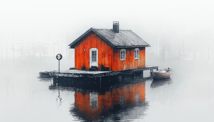Fototapeta premium A solitary orange house on a calm lake, surrounded by mist, reflecting on the water's surface, evoking tranquility and isolation.