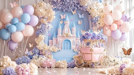 Enchanting Cartoon Castle Cake Smash Scene with Pastel Balloons Arch