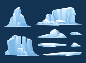 Frozen iceberg set. Vector icon collection of ice floes, glaciers, iceberg pieces floating in ocean, winter ice peak. Global warming, climate change. North sea or arctic ocean. Antarctic rock panorama