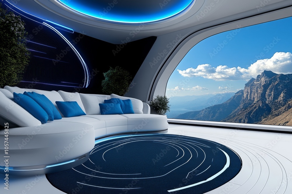 Poster Blueprint of a futuristic house with rotating floors, solar windows, and automated features, capturing the advanced design in architectural innovation, symbolizing future and adaptability