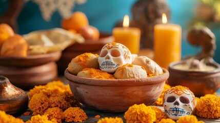 Fototapeta premium A beautifully arranged ofrenda (altar) for Day of the Dead, with traditional Mexican food like pan de muerto, tamales, and sugar skulls, surrounded by marigolds and candles