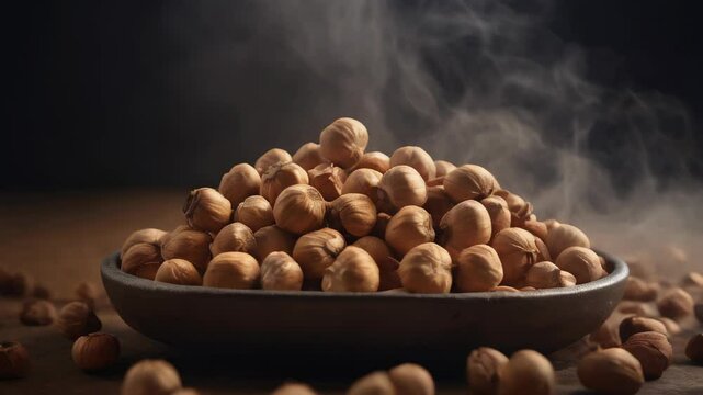 Roasted hazelnuts on a black background. Generative AI