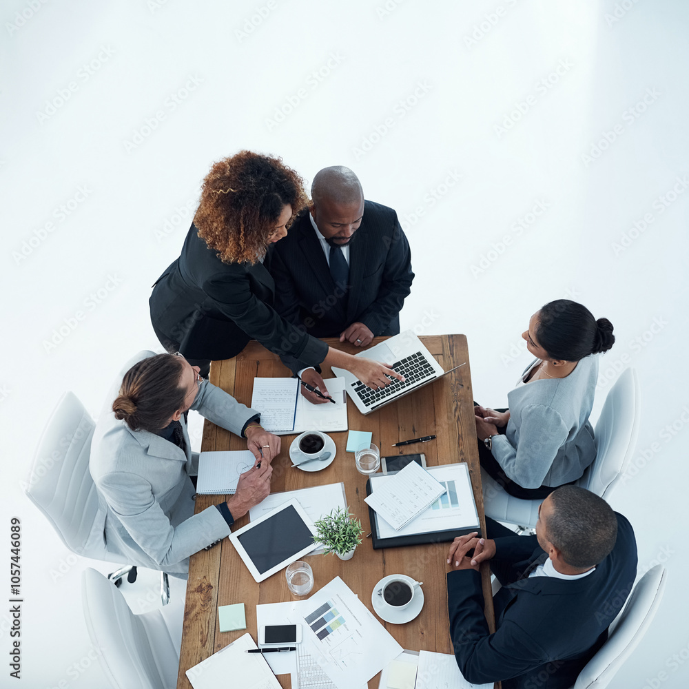 Aufkleber business people, meeting and online with tech and public relations with teamwork in office. above, e