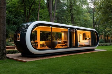 Blueprint of a high-tech, modular home with robotic features and adaptive interiors, symbolizing the future of personalized living spaces, symbolizing technology and versatility