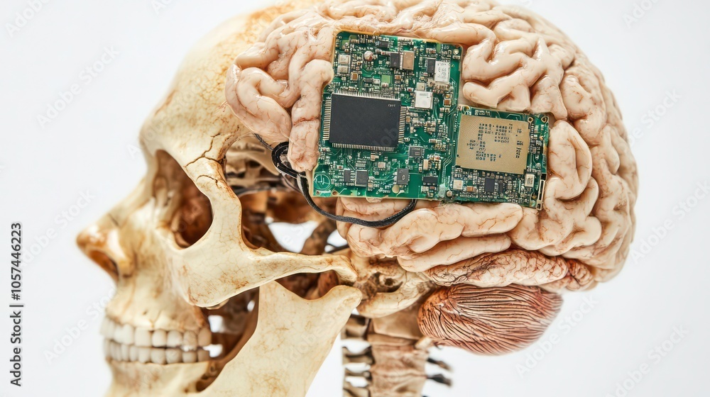 Leinwandbilder A skull with a circuit board embedded in the brain, symbolizing the fusion of technology and biology.