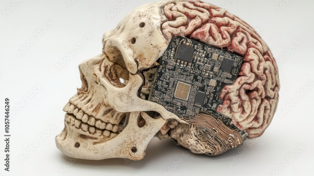 Aufkleber a skull with a brain and circuit board, symbolizing the intersection of biology and technology.