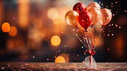 A cluster of red and gold balloons adorned with confetti floating against a bokeh backdrop