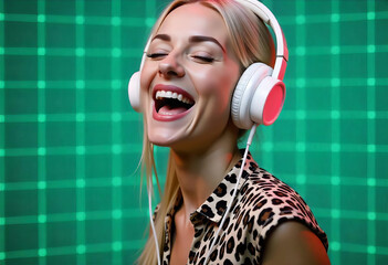 Blonde girl listens to music on headphones and sings