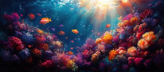 A vibrant underwater scene with colorful corals and fish illuminated by sunlight.