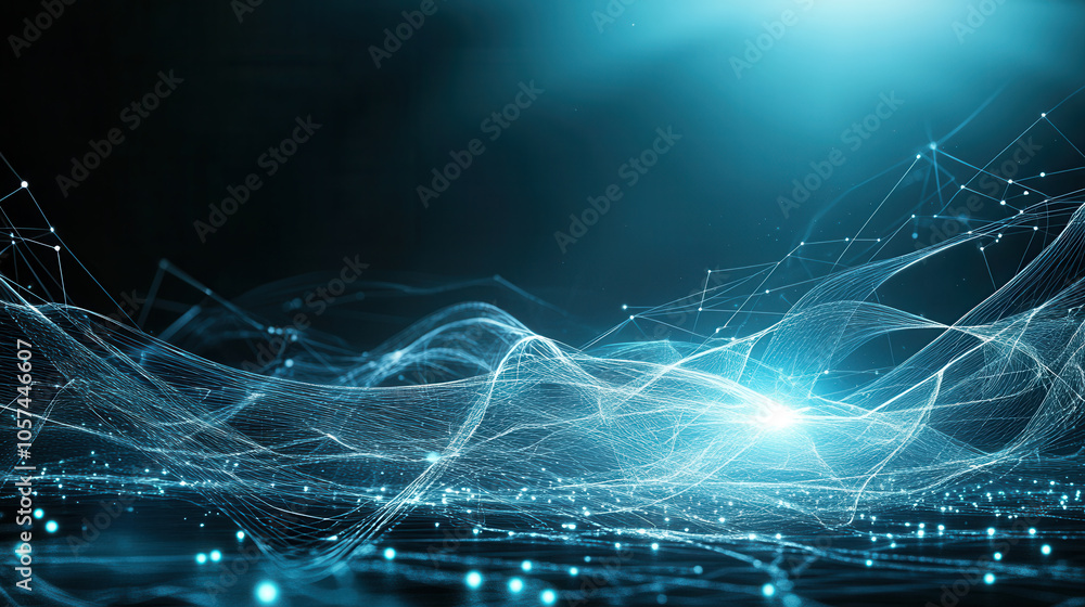 Poster digital abstract representation of flowing lines and particles, showcasing futuristic and technologi