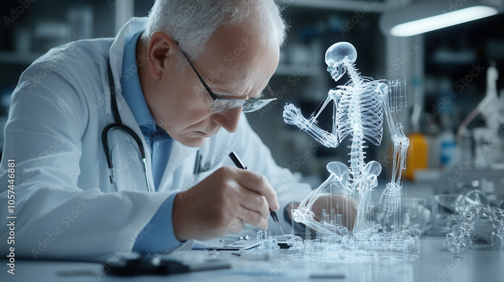 Poster doctor examines transparent skeleton model while taking notes in lab. scene conveys sense of focus a
