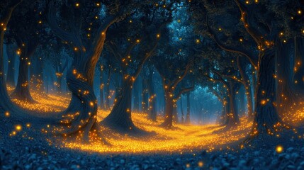 Fototapeta premium Enchanting Forest at Night Illuminated by Thousands of Glowing Fireflies in a Magical Woodland Setting