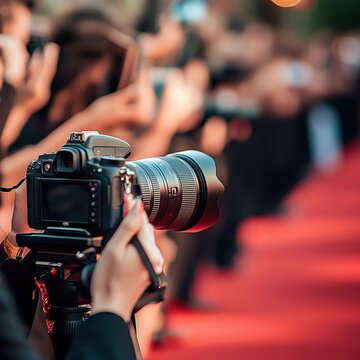 Close-up of a professional camera held by a photographer at a red carpet event.