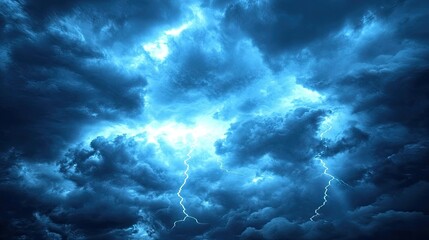 Fototapeta premium Dynamic weather activity captures striking phenomena, including dramatic lightning bolts amidst towering cumulus clouds, perfect for illustrating the power of nature with ample copy space.