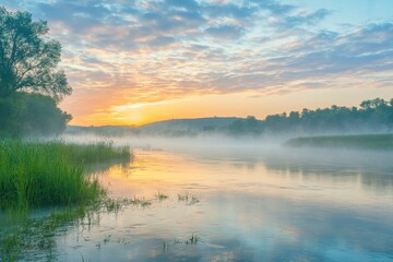 Fototapeta premium Morning river view under a dawn sky in summer
