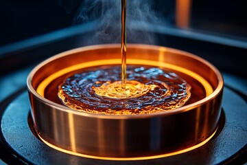 Close-up of a chefâ€™s pan over a high flame in a restaurant kitchen, with oil sizzling and steam rising, symbolizing the controlled heat of culinary art, symbolizing skill and intensity