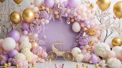 Enchanting Fairy Tale Themed Balloon Arch with Vintage Carriage Prop and Easter Egg - Whimsical Cakesmash Photoshoot Setting