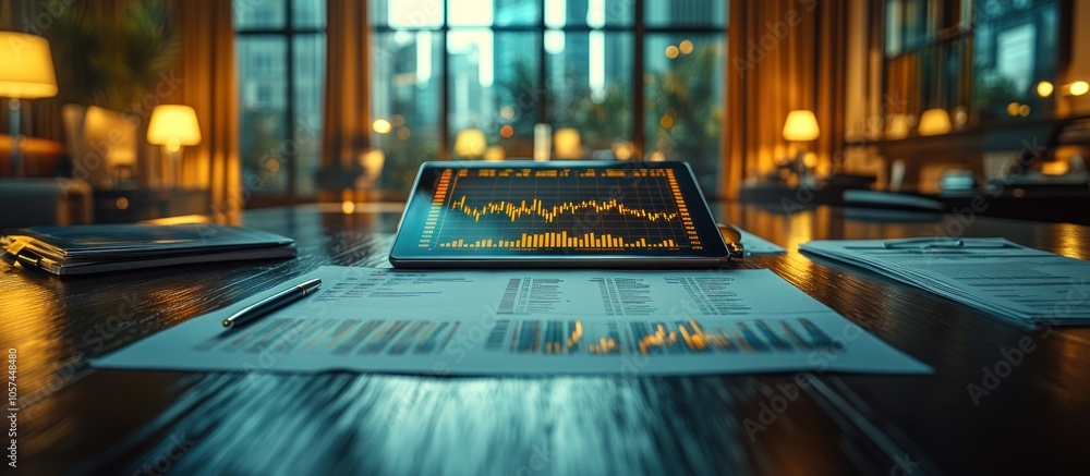 Poster a tablet displaying financial data on a table with documents in a modern office setting.